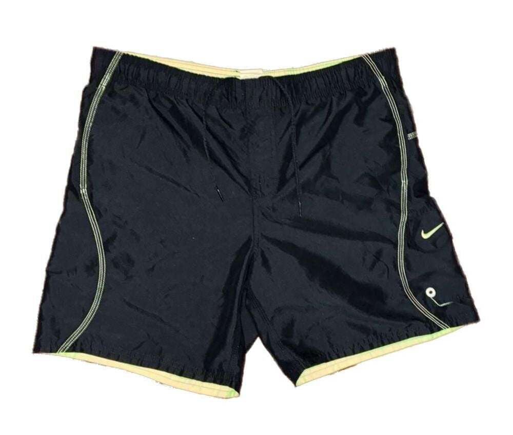 Nike Men's Black and Neon Green Performance Swim Trunks with Side Pockets